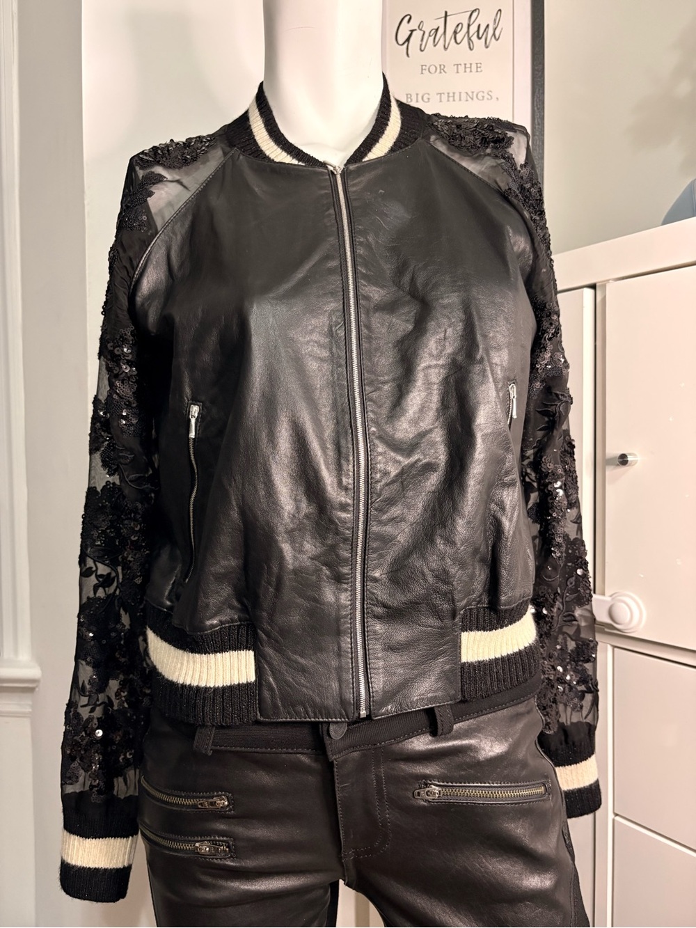 Black Sequin Lace Sleeve Bomber Jacket - Women's